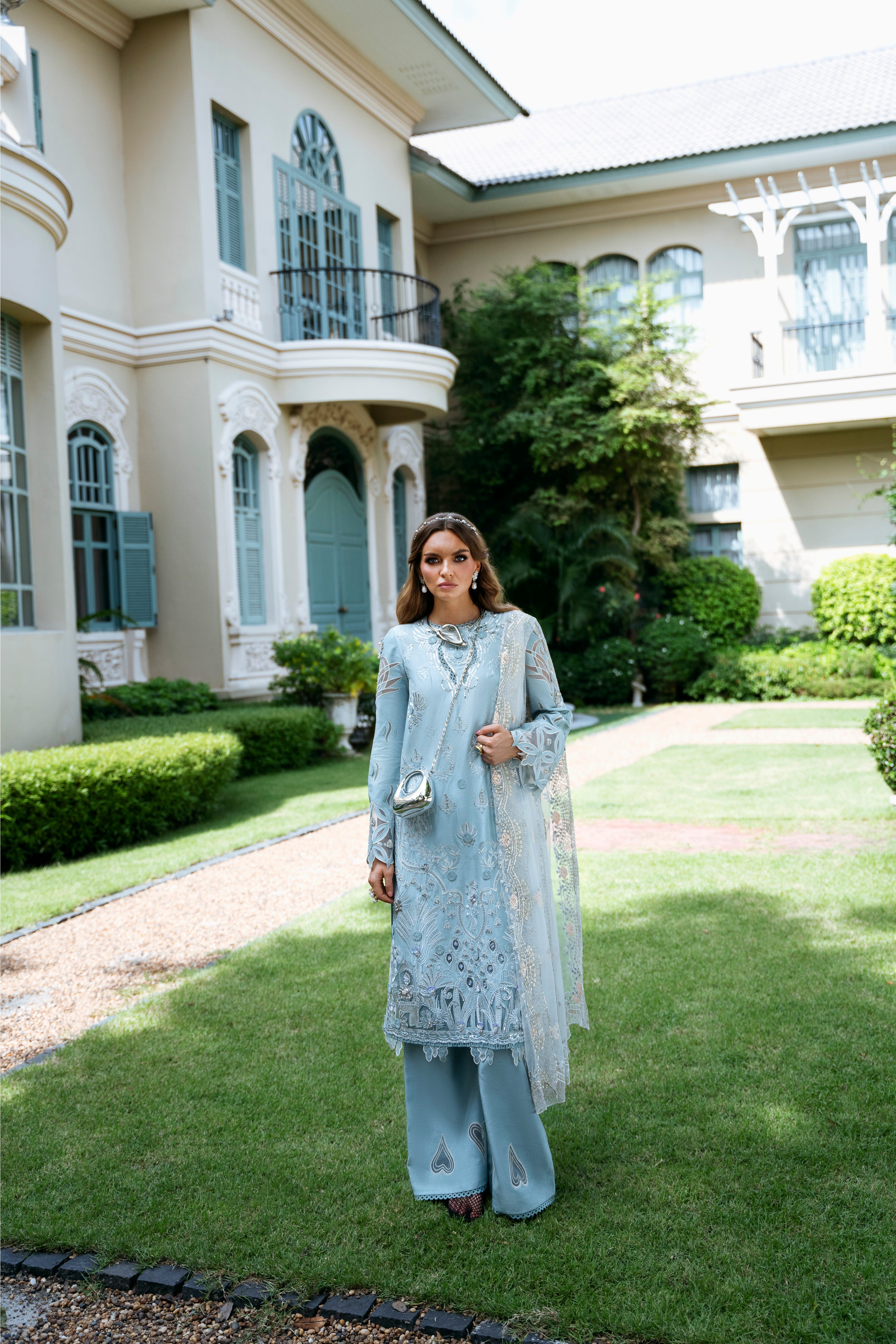 Powder Blue Embroidered Korean Silk Salwar Kameez (3-Piece) - Image 1