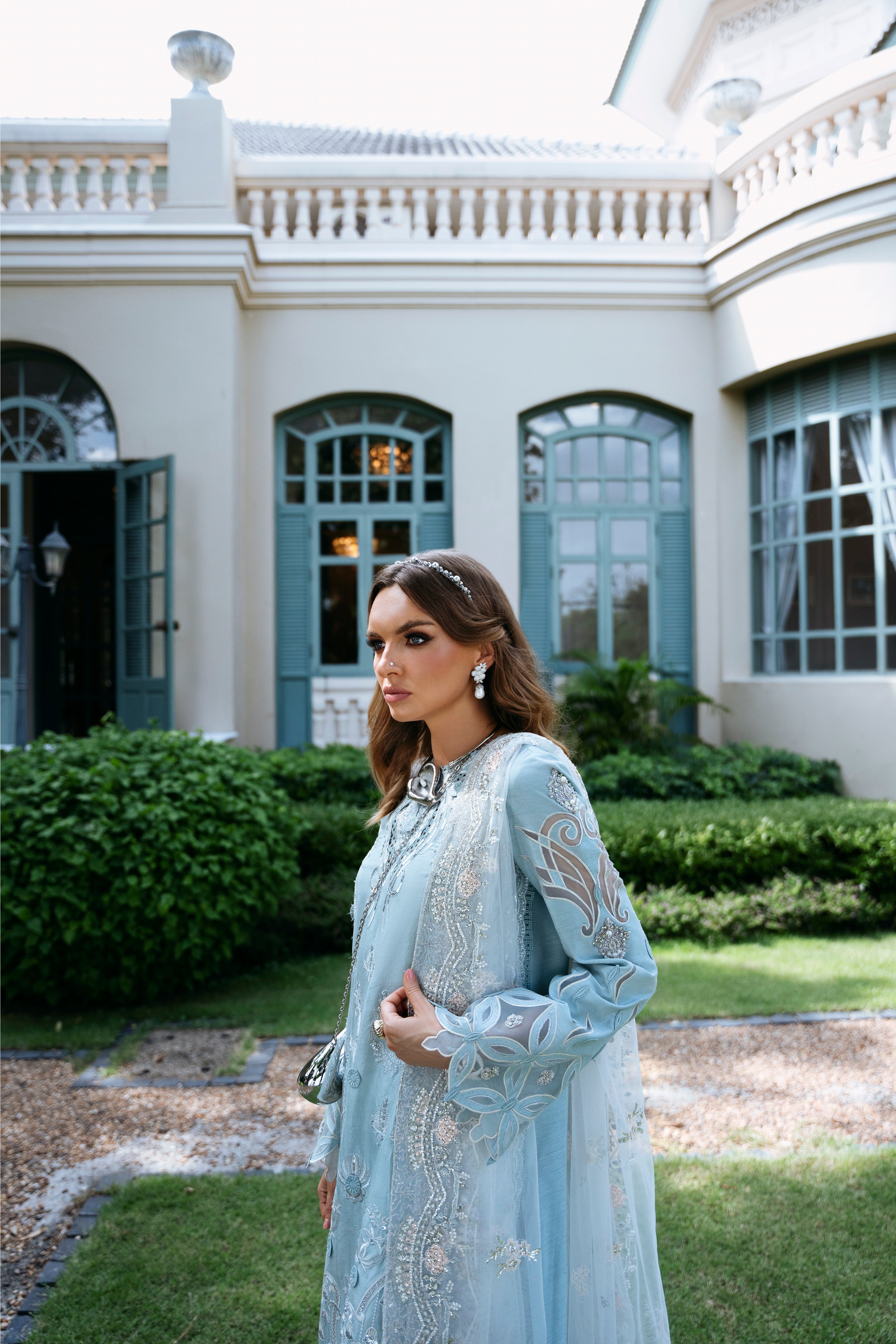 Powder Blue Embroidered Korean Silk Salwar Kameez (3-Piece) - Image 2