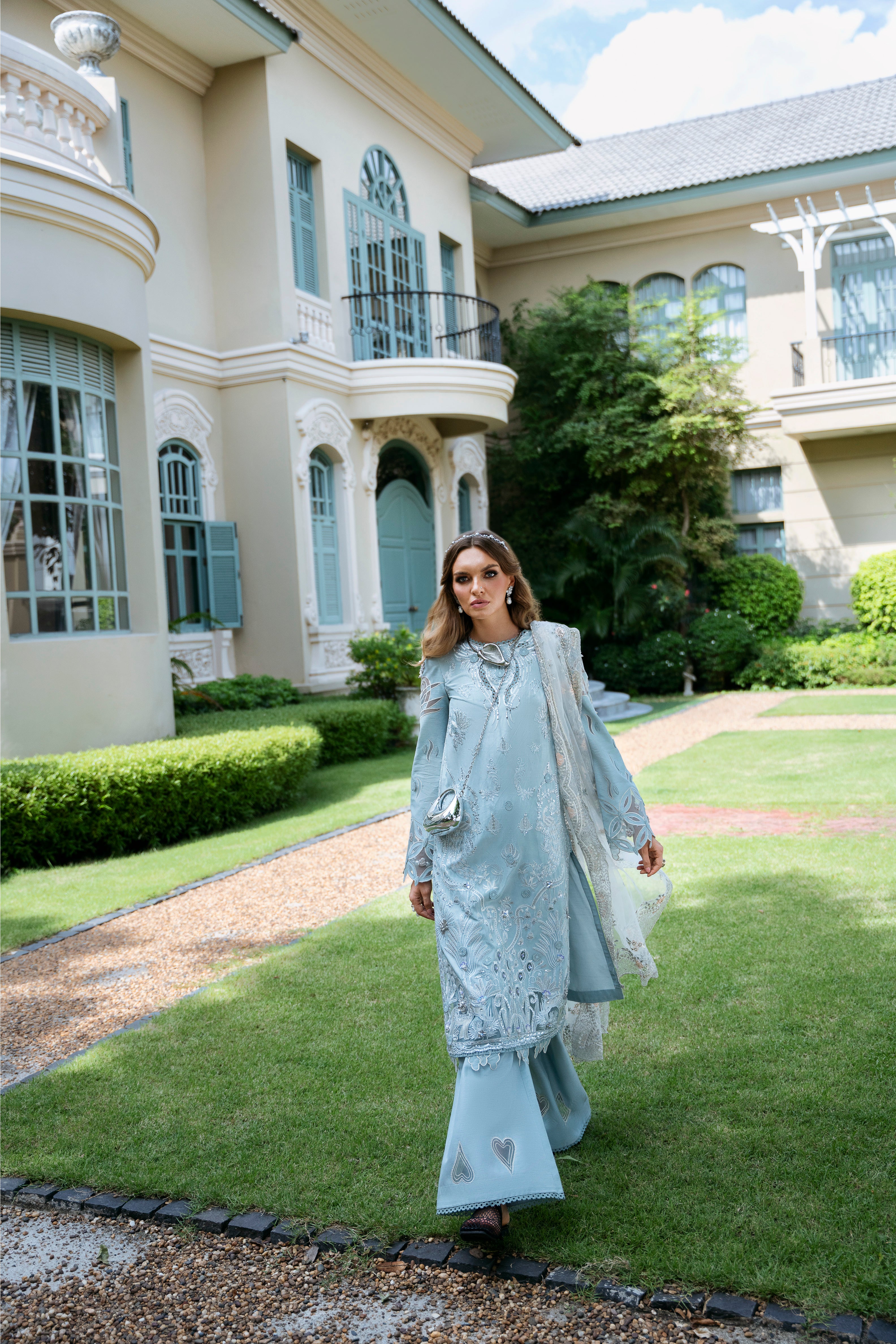 Powder Blue Embroidered Korean Silk Salwar Kameez (3-Piece) - Image 3