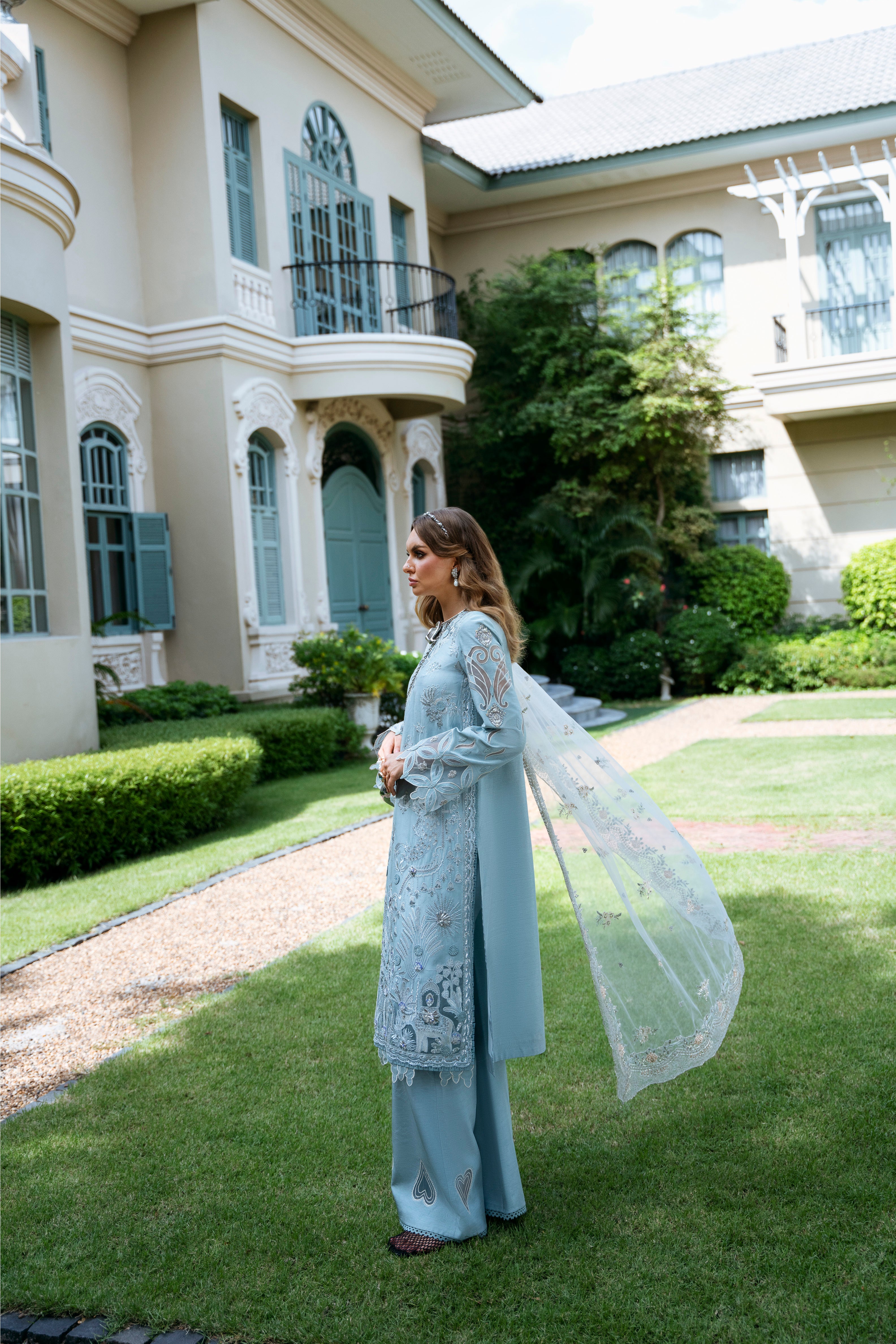 Powder Blue Embroidered Korean Silk Salwar Kameez (3-Piece) - Image 4