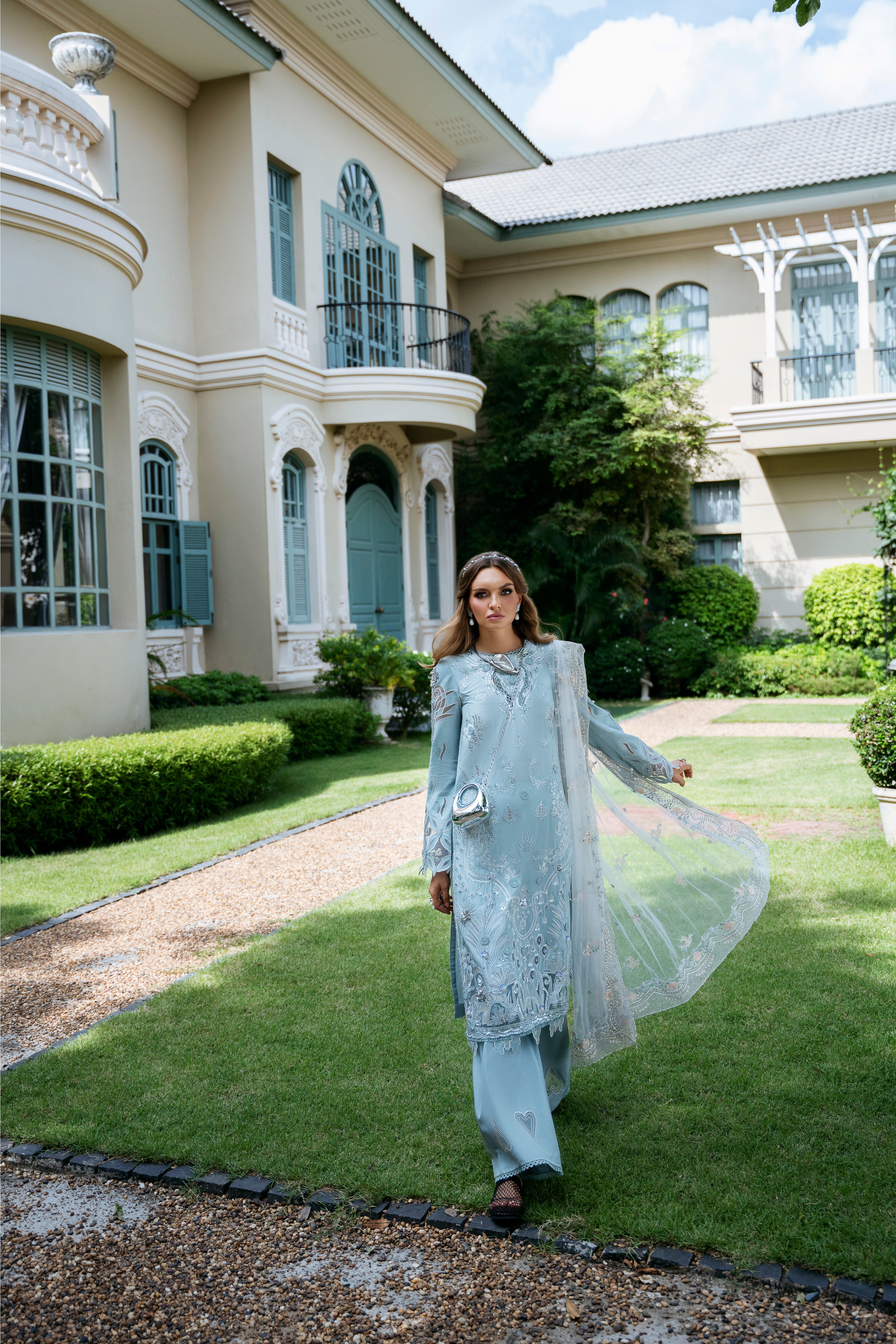 Powder Blue Embroidered Korean Silk Salwar Kameez (3-Piece) - Image 5