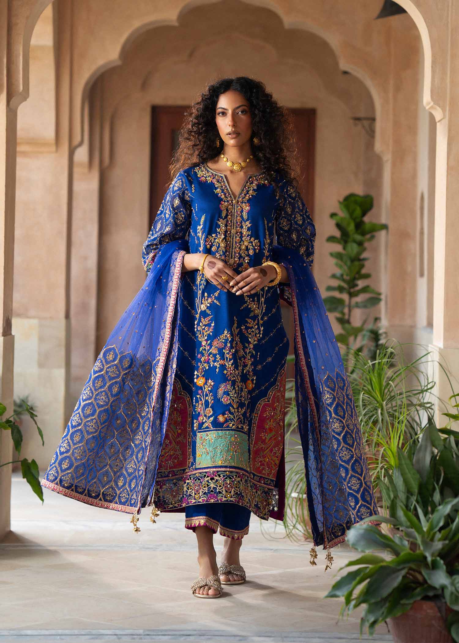 Royal Blue Zardozi Resham Silk Salwar Kameez (3-Piece) - Image 1