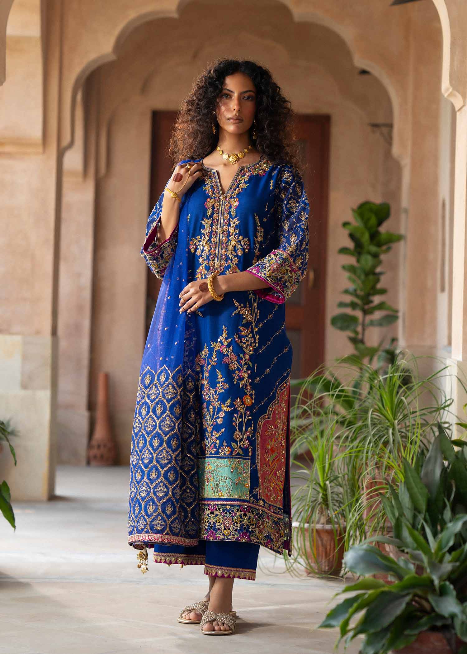 Royal Blue Zardozi Resham Silk Salwar Kameez (3-Piece) - Image 2