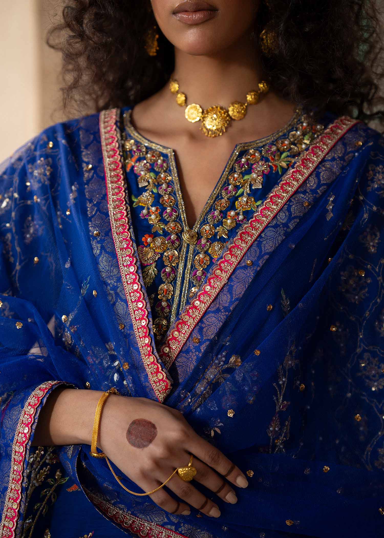 Royal Blue Zardozi Resham Silk Salwar Kameez (3-Piece) - Image 3