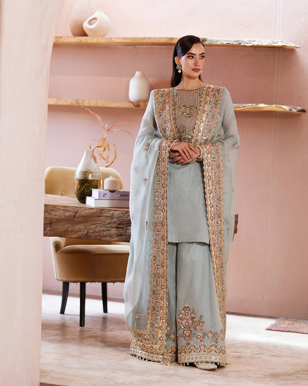 Ice Blue Kundan Zari Embroidered Salwar Kameez (3-Piece) - Image 1