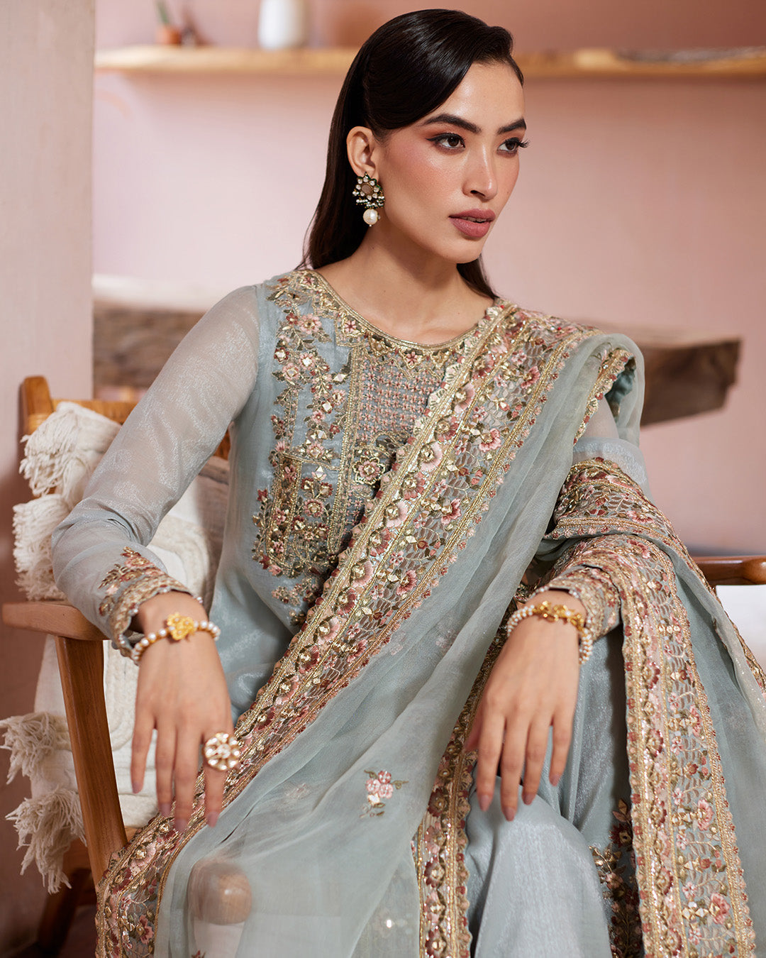 Ice Blue Kundan Zari Embroidered Salwar Kameez (3-Piece) - Image 5