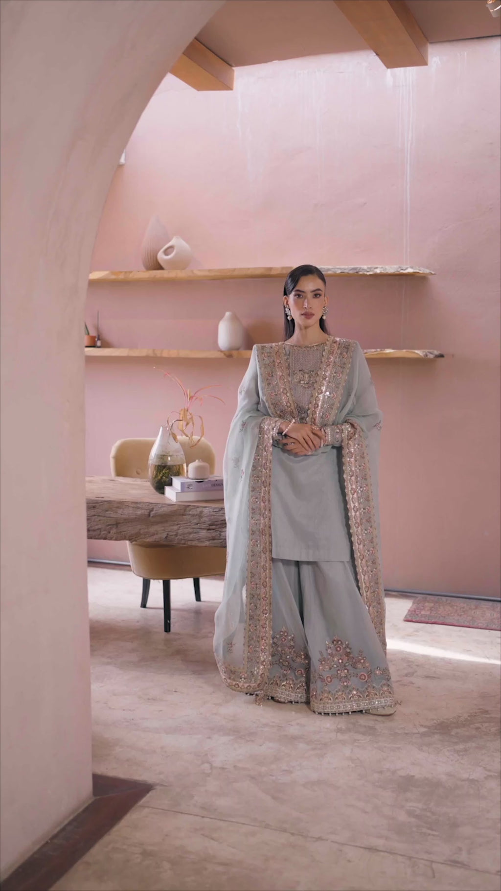 Ice Blue Kundan Zari Embroidered Salwar Kameez (3-Piece) - Image 7