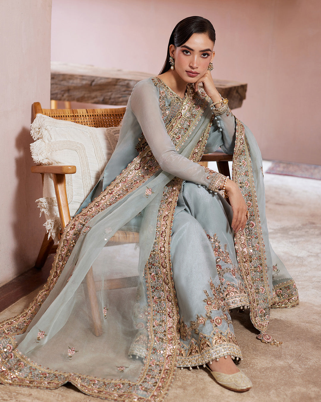 Pakistani Ice Blue Kundan Zari Embroidered Kameez Set (3-Piece) - Image 2