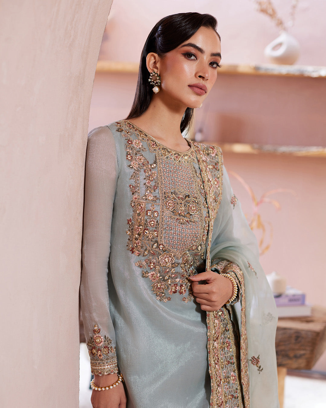 Pakistani Ice Blue Kundan Zari Embroidered Kameez Set (3-Piece) - Image 3