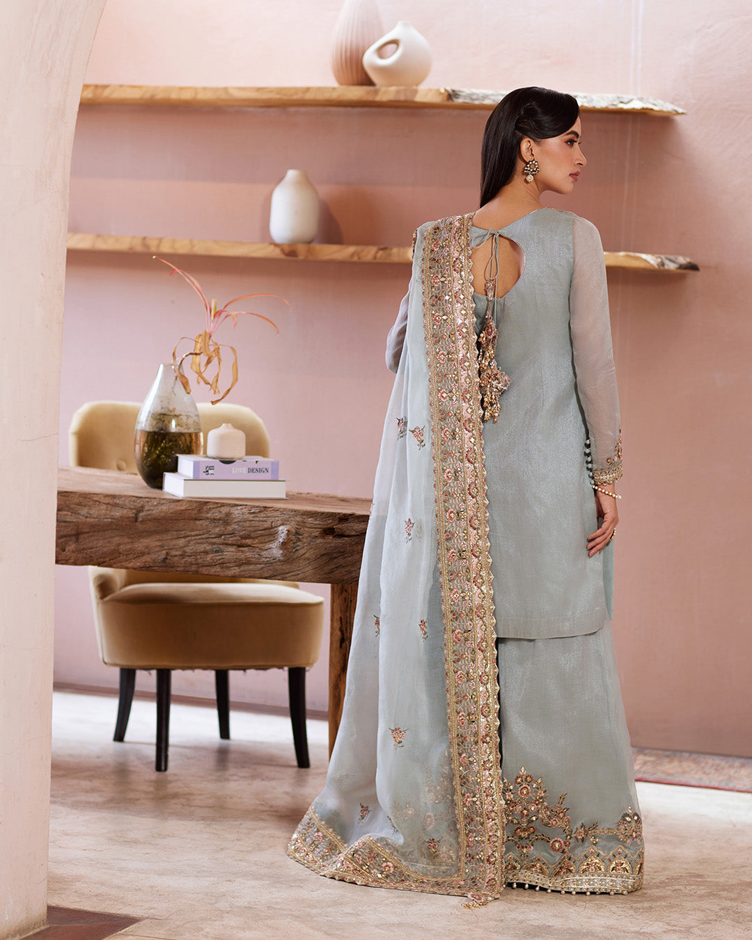Pakistani Ice Blue Kundan Zari Embroidered Kameez Set (3-Piece) - Image 4