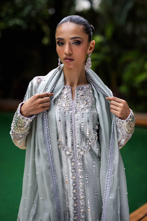 Pakistani Powder Blue Embellished Lamé Salwar Kameez (3-Piece) - Image 2