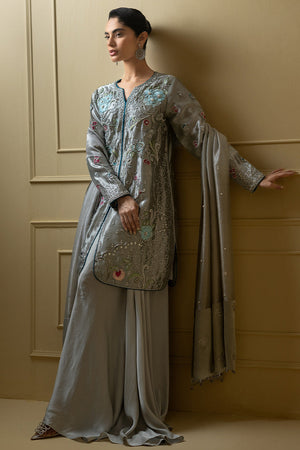 Greyish Blue Embroidered Lamè Salwar Kameez (3-Piece) - Image 1