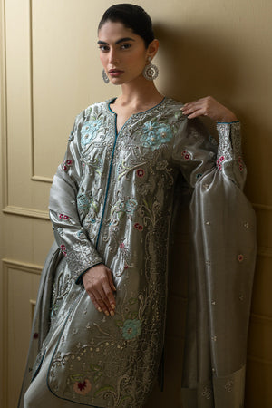 Greyish Blue Embroidered Lamè Salwar Kameez (3-Piece) - Image 2