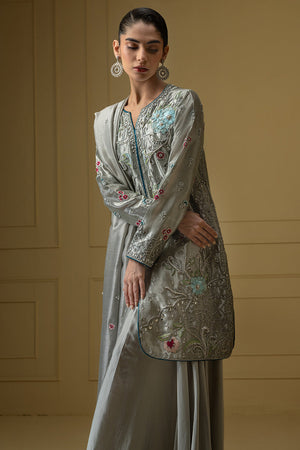 Greyish Blue Embroidered Lamè Salwar Kameez (3-Piece) - Image 3