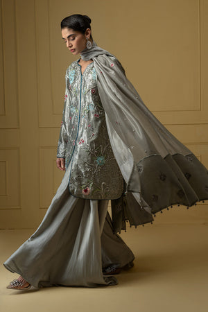 Greyish Blue Embroidered Lamè Salwar Kameez (3-Piece) - Image 4