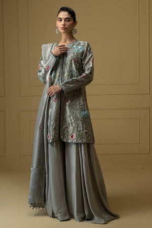 Greyish Blue Embroidered Lamè Salwar Kameez (3-Piece) - Image 5