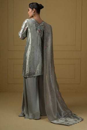 Greyish Blue Embroidered Lamè Salwar Kameez (3-Piece) - Image 7