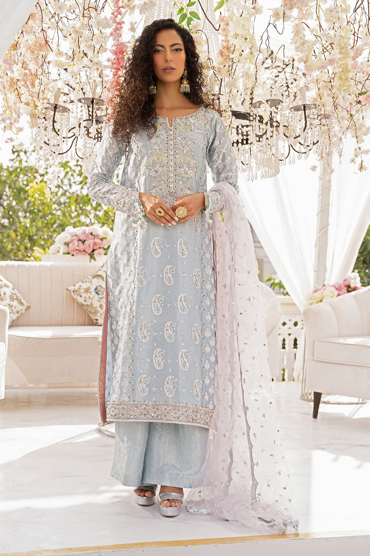 Pakistani Sea Blue Zardozi Lamé Salwar Kameez (3-Piece) - Image 1