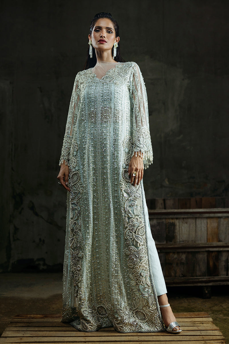 Pakistani Aqua Embroidered Net Salwar Kameez (3-Piece) - Image 1