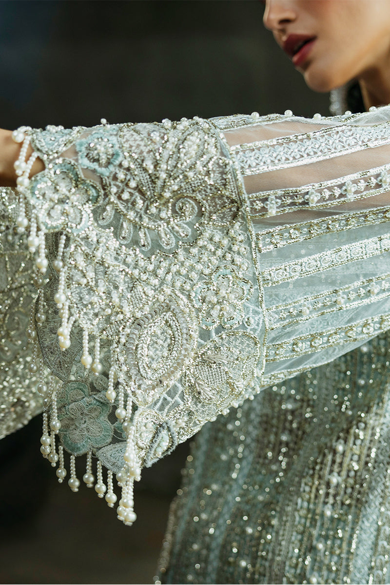 Pakistani Aqua Embroidered Net Salwar Kameez (3-Piece) - Image 10