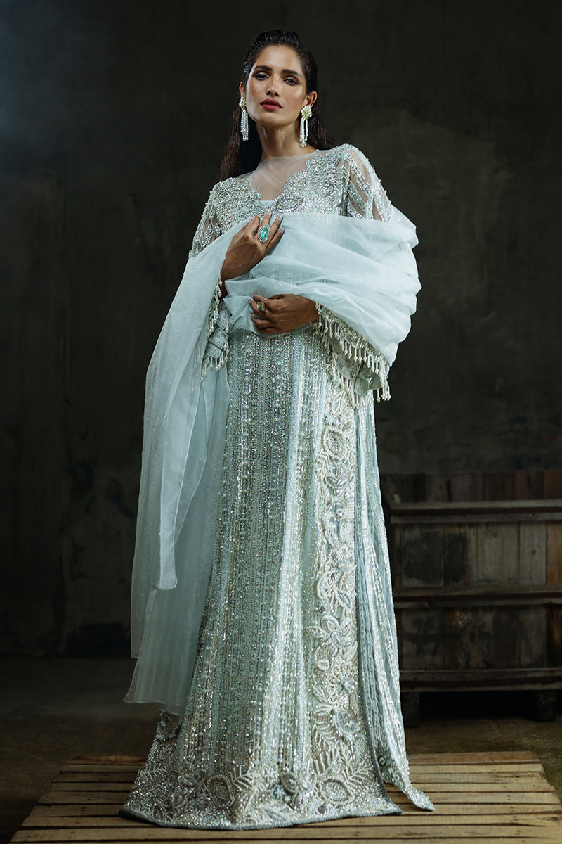 Pakistani Aqua Embroidered Net Salwar Kameez (3-Piece) - Image 11