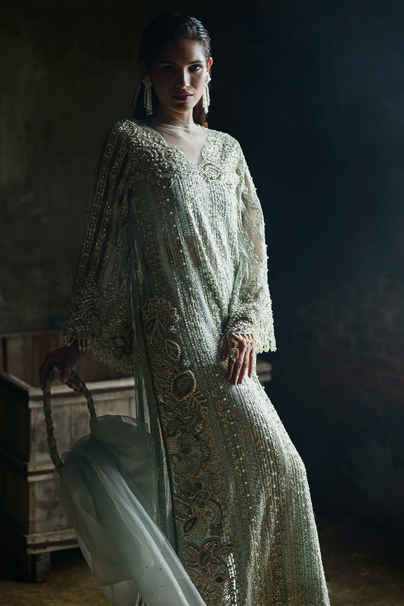 Pakistani Aqua Embroidered Net Salwar Kameez (3-Piece) - Image 12