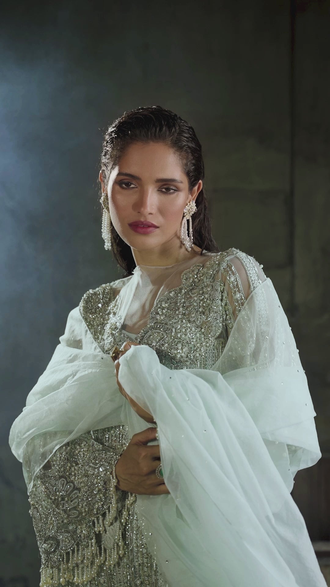 Pakistani Aqua Embroidered Net Salwar Kameez (3-Piece) - Image 13