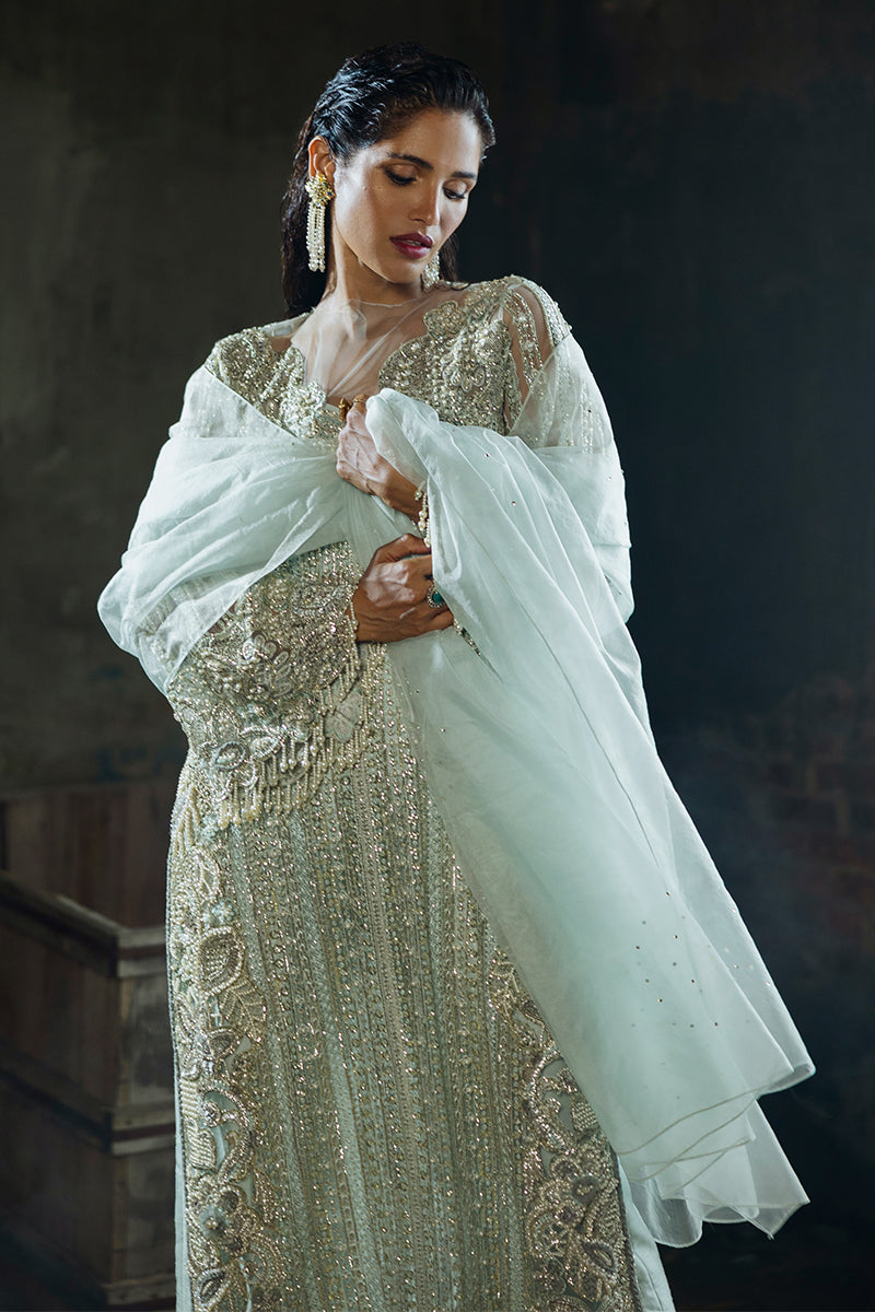 Pakistani Aqua Embroidered Net Salwar Kameez (3-Piece) - Image 2