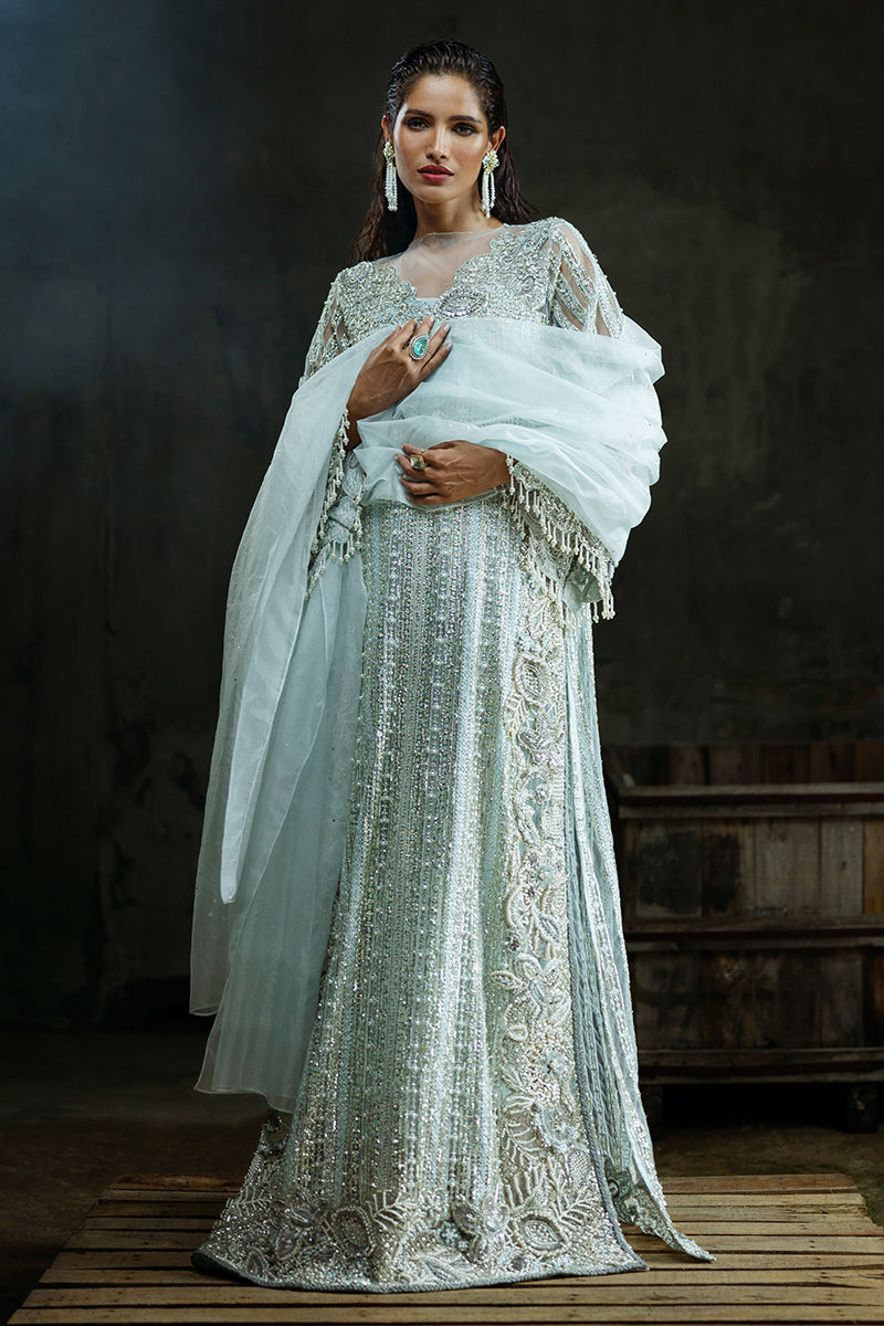 Pakistani Aqua Embroidered Net Salwar Kameez (3-Piece) - Image 3