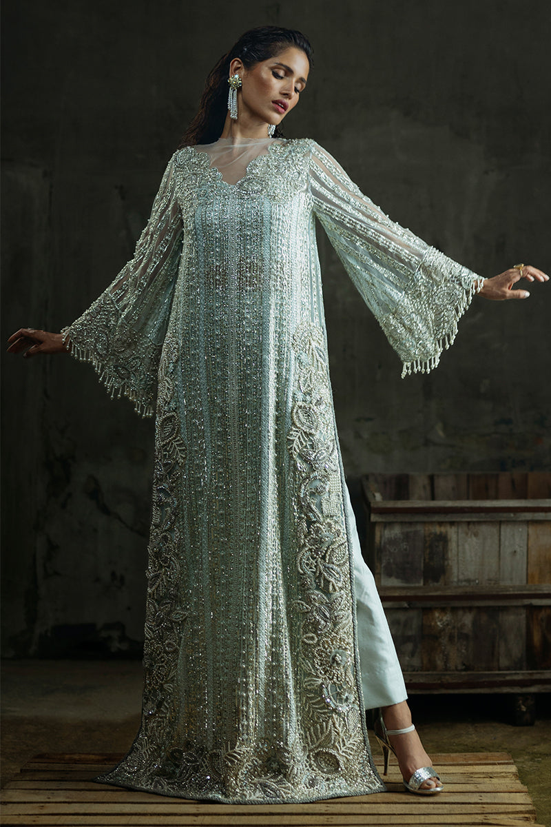 Pakistani Aqua Embroidered Net Salwar Kameez (3-Piece) - Image 4