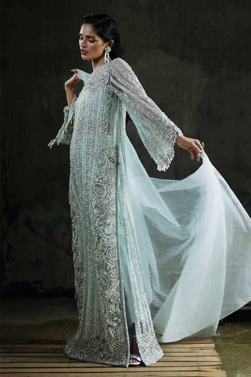 Pakistani Aqua Embroidered Net Salwar Kameez (3-Piece) - Image 5