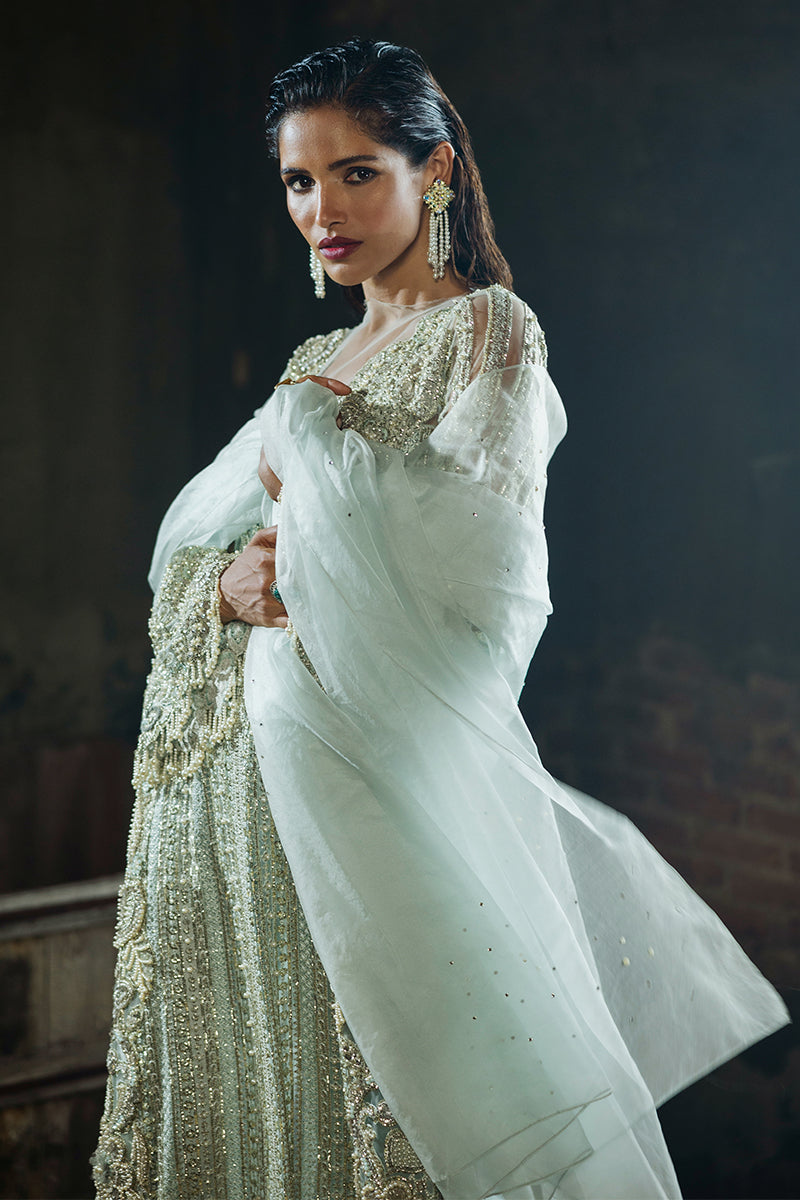 Pakistani Aqua Embroidered Net Salwar Kameez (3-Piece) - Image 6