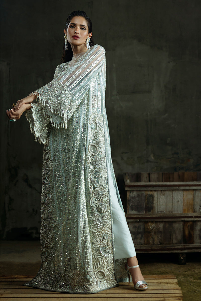 Pakistani Aqua Embroidered Net Salwar Kameez (3-Piece) - Image 7