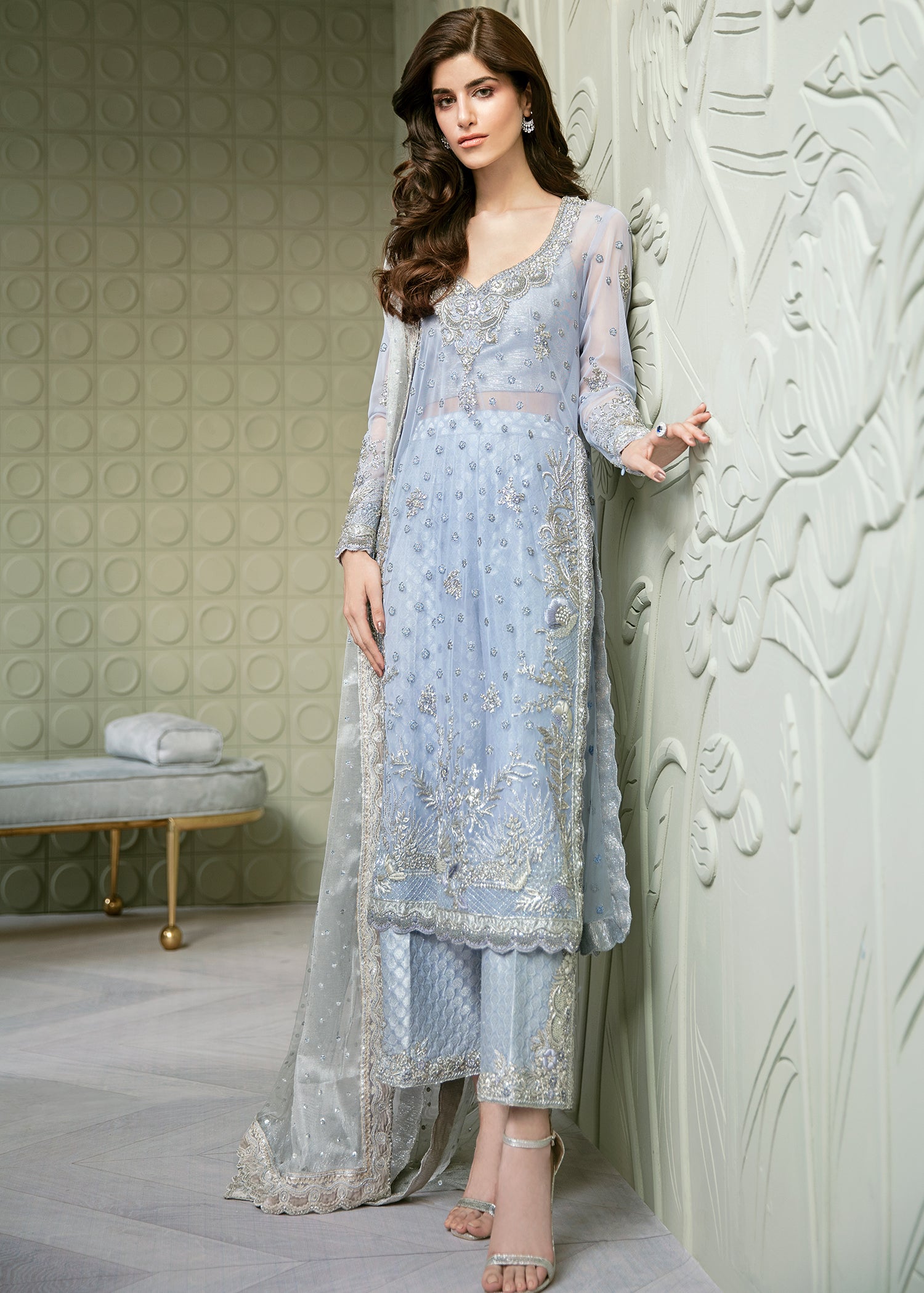 Pakistani Ice Blue Silver Handworked Net Salwar Kameez (3-Piece) - Image 1