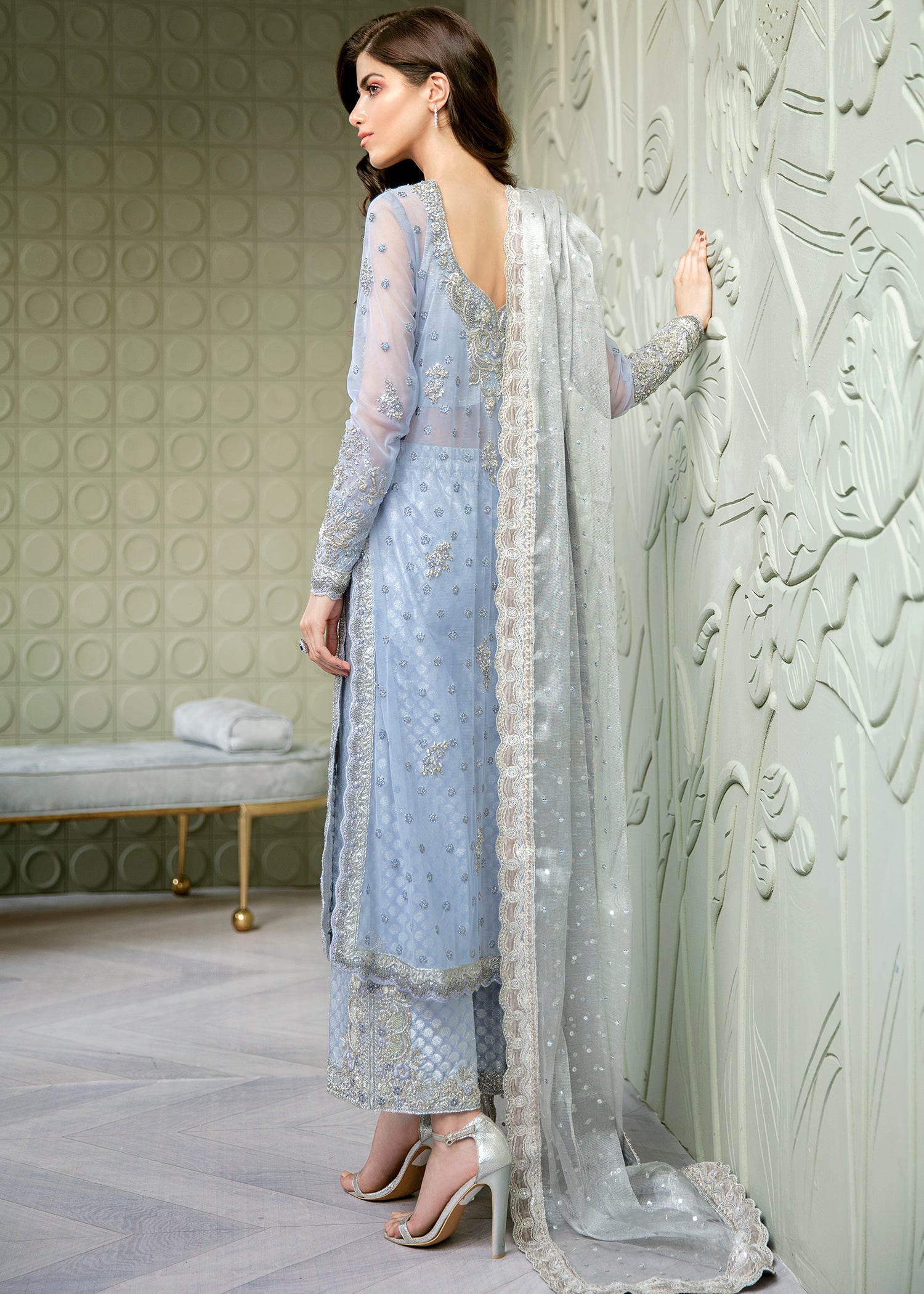 Pakistani Ice Blue Silver Handworked Net Salwar Kameez (3-Piece) - Image 2