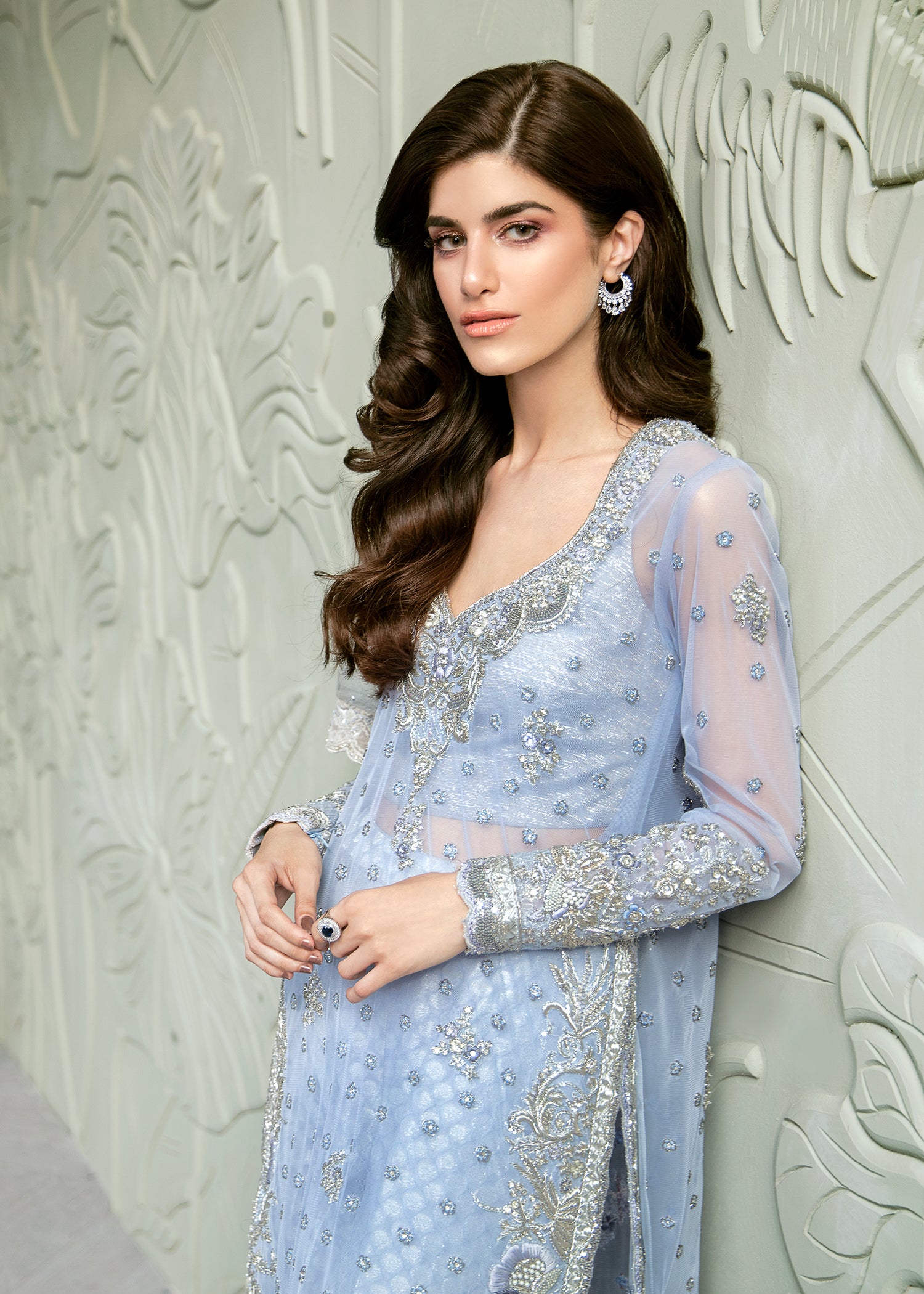 Pakistani Ice Blue Silver Handworked Net Salwar Kameez (3-Piece) - Image 3