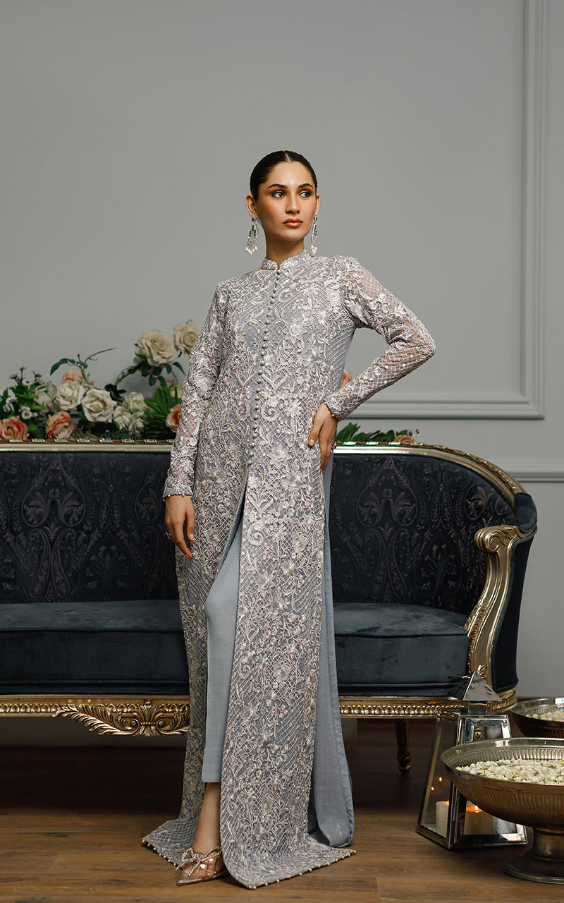 Greyish Blue Embroidered Net Long Dress (2-Piece) - Image 4