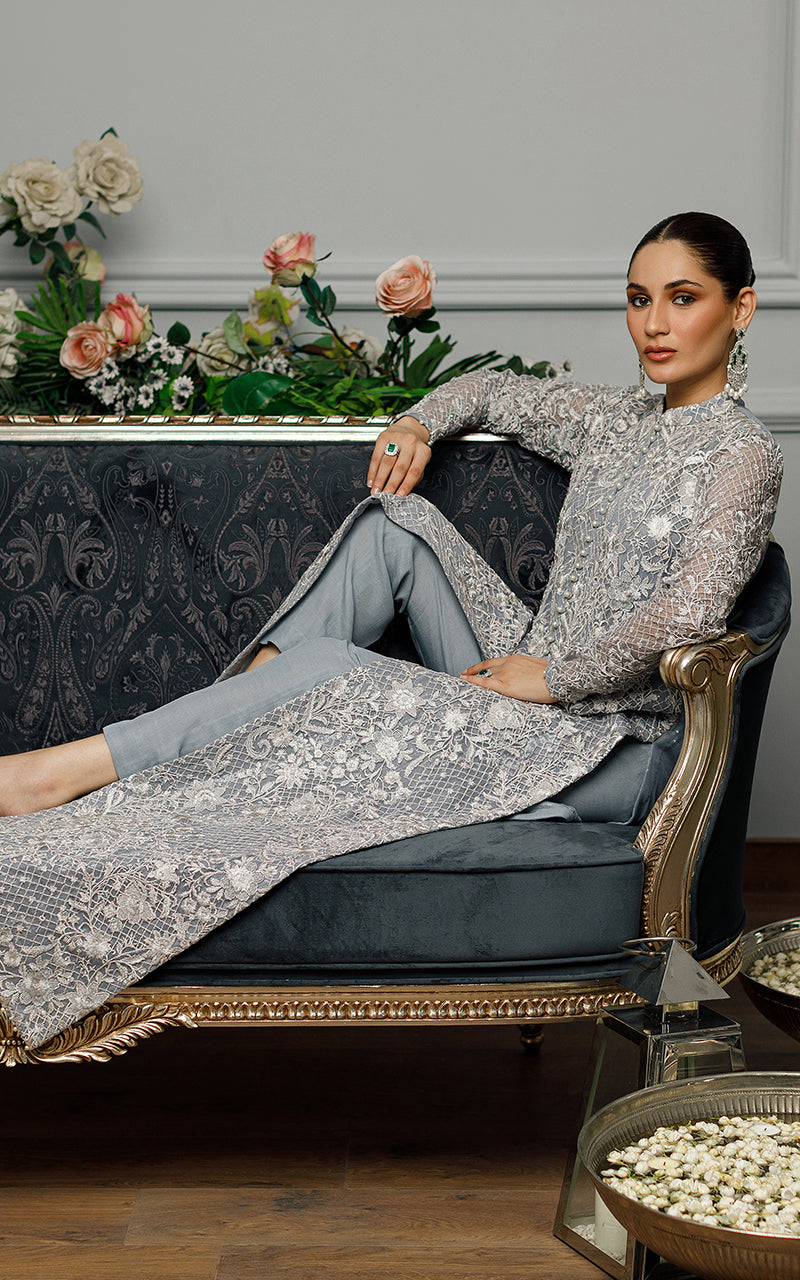 Greyish Blue Embroidered Net Long Dress (2-Piece) - Image 7