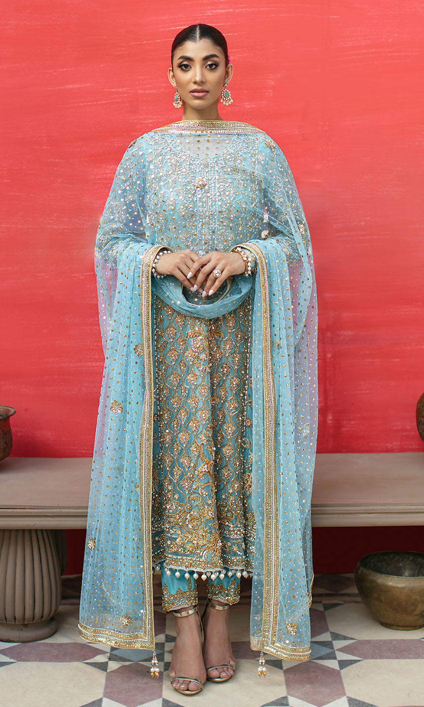 Blue Embroidered Net Salwar Kameez (3-Piece) - Image 1