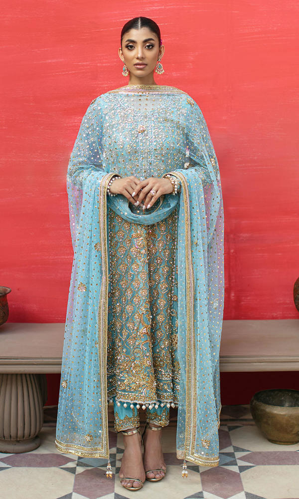 Blue Embroidered Net Salwar Kameez (3-Piece) - Image 2