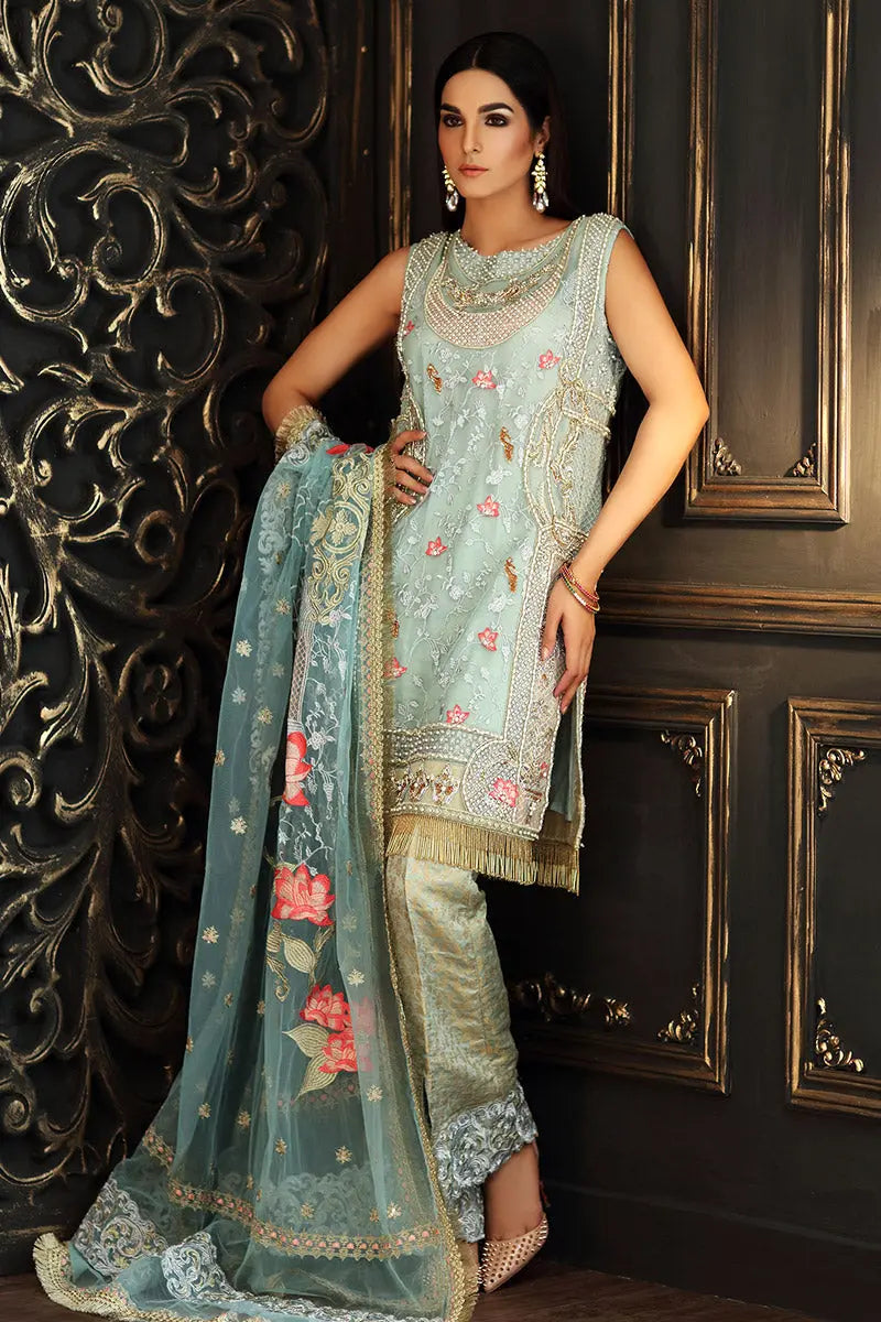 Powder Blue Embellished Net Salwar Kameez (3-Piece) - Image 1