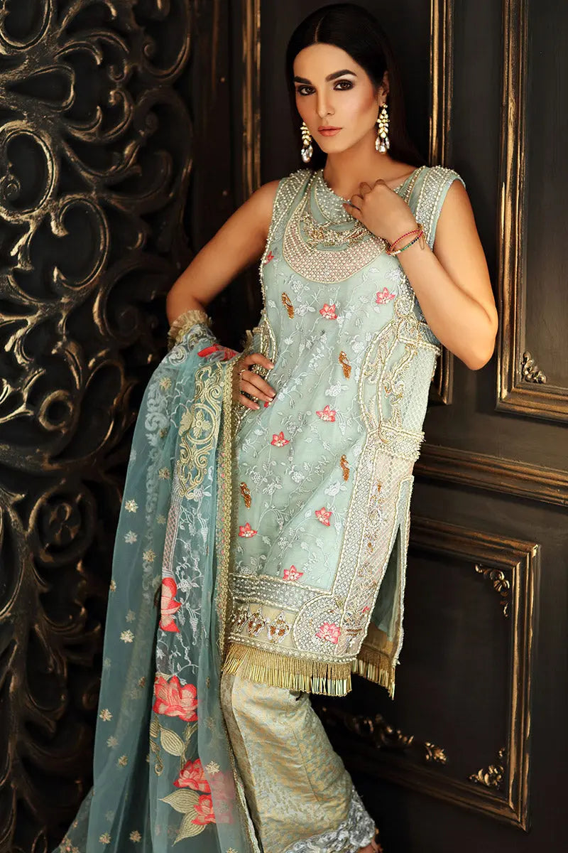 Powder Blue Embellished Net Salwar Kameez (3-Piece) - Image 2