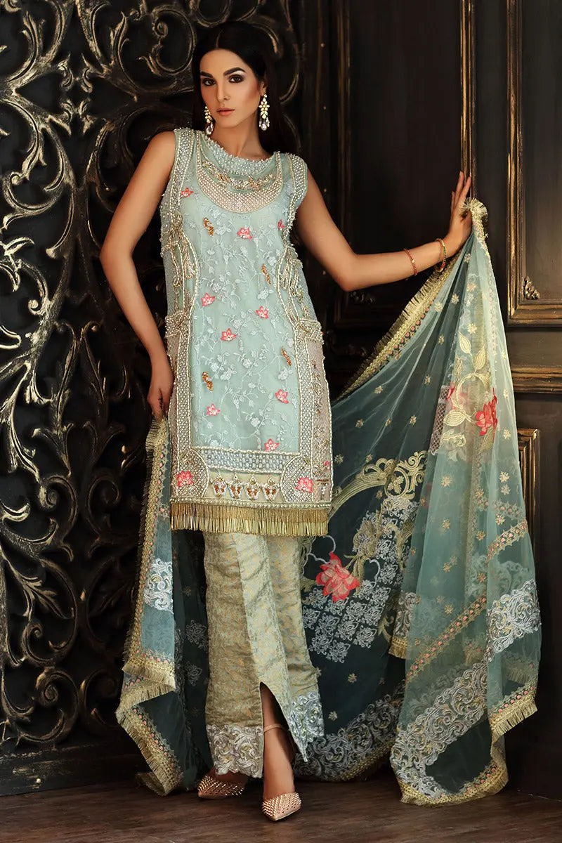 Powder Blue Embellished Net Salwar Kameez (3-Piece) - Image 4