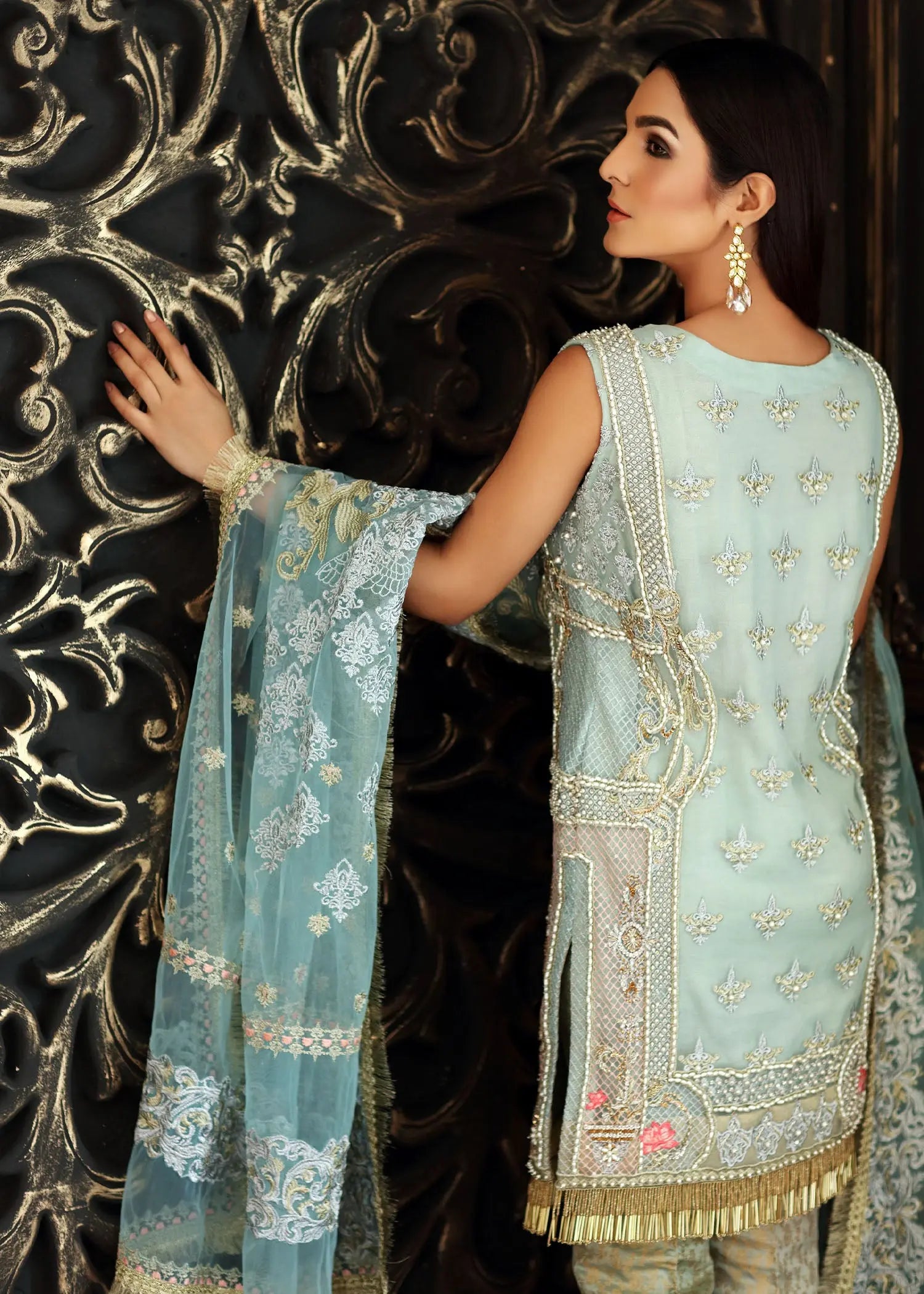 Powder Blue Embellished Net Salwar Kameez (3-Piece) - Image 5