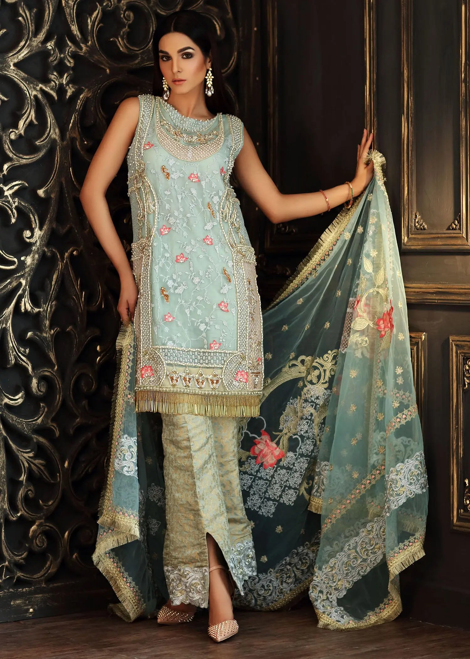 Powder Blue Embellished Net Salwar Kameez (3-Piece) - Image 6
