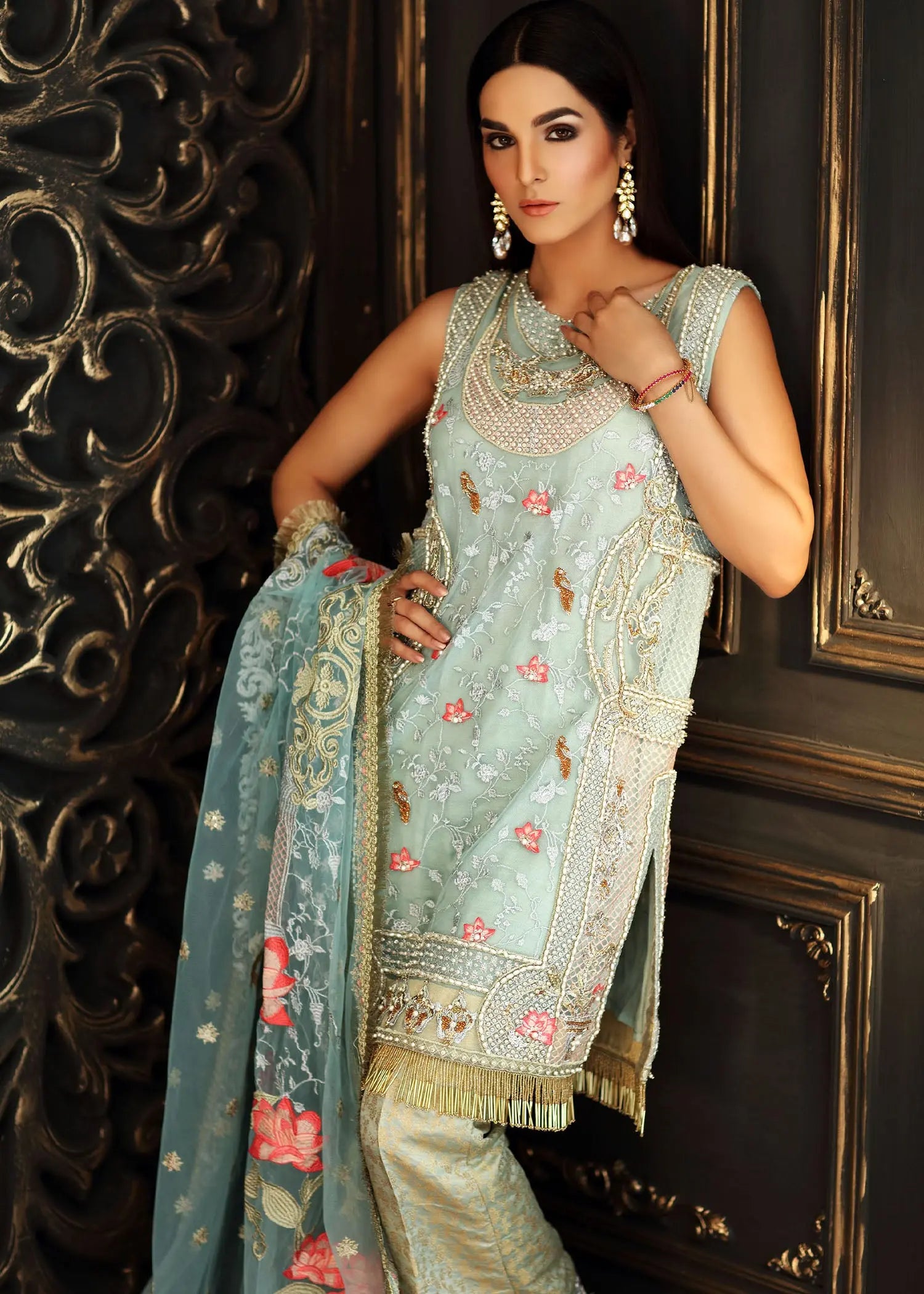 Powder Blue Embellished Net Salwar Kameez (3-Piece) - Image 7