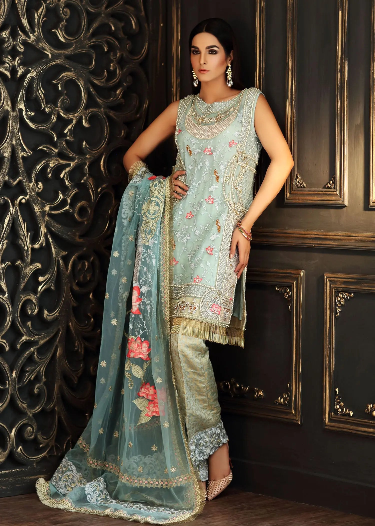 Powder Blue Embellished Net Salwar Kameez (3-Piece) - Image 8