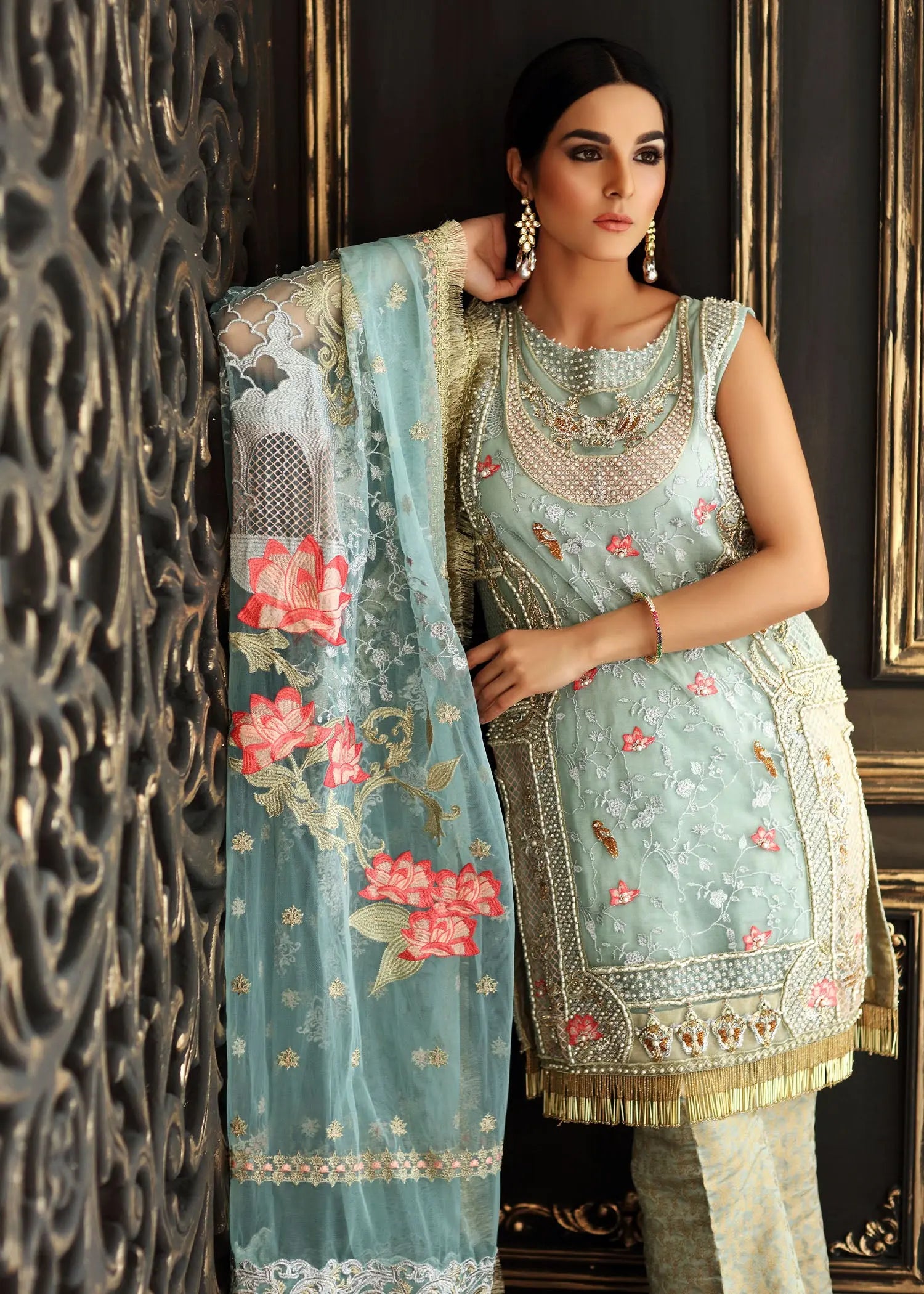 Powder Blue Embellished Net Salwar Kameez (3-Piece) - Image 9