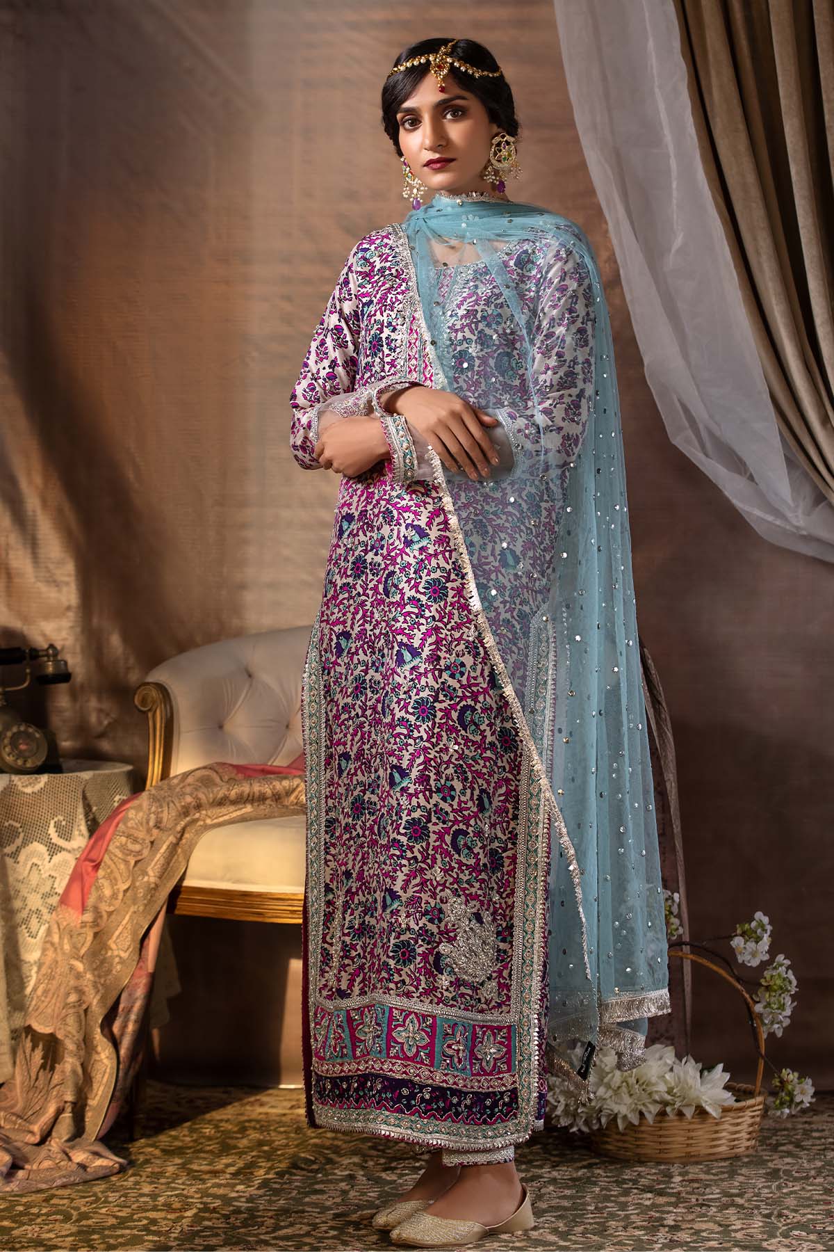 Pakistani Aqua Mukesh Net Salwar Kameez (3-Piece) - Image 1