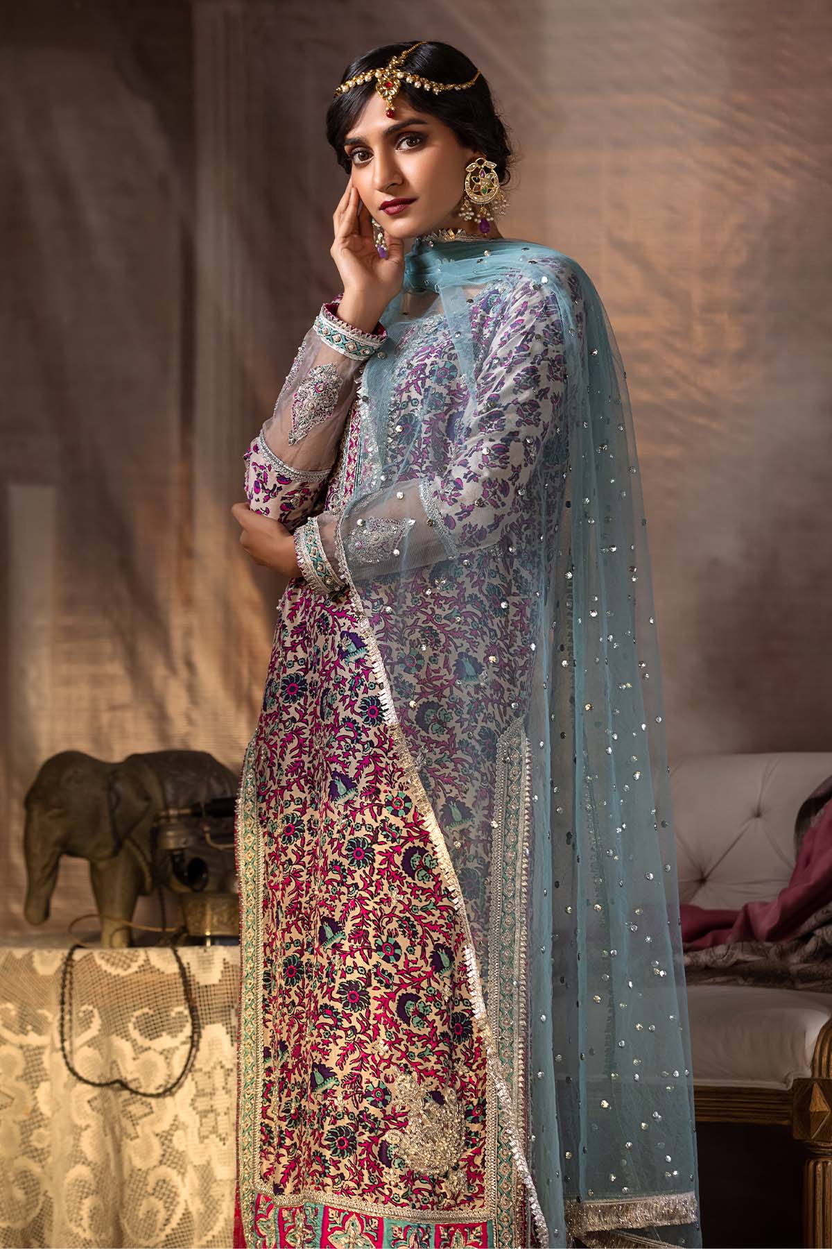 Pakistani Aqua Mukesh Net Salwar Kameez (3-Piece) - Image 2